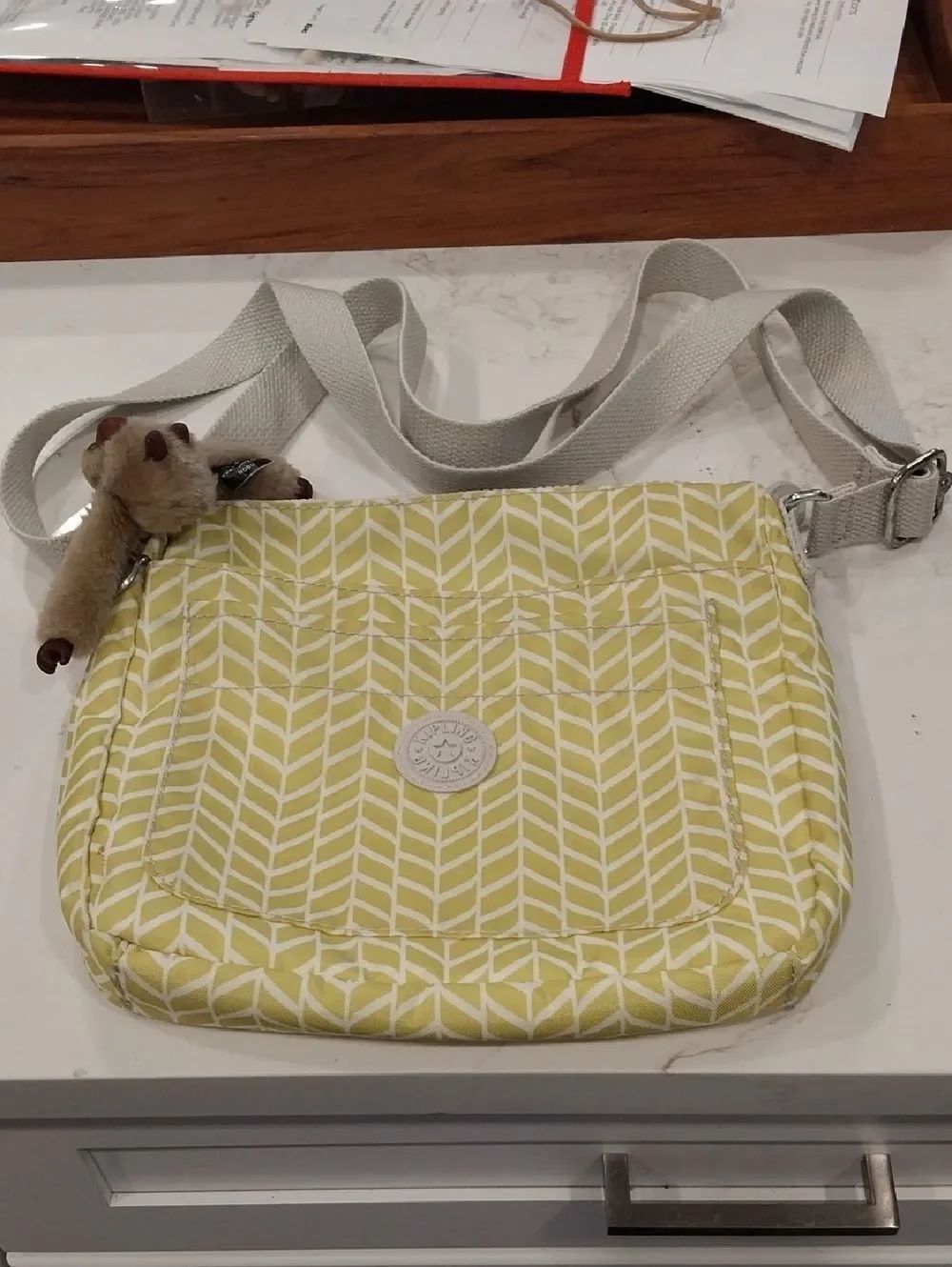 Kipling Yellow Chevron Crossbody with Cream Strap and Monkey Charm